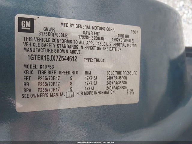 45805080 :رقم المزاد ، 1GTEK19JX7Z544612 vin ، 2007 Gmc Sierra 1500 Sle1 مزاد بيع
