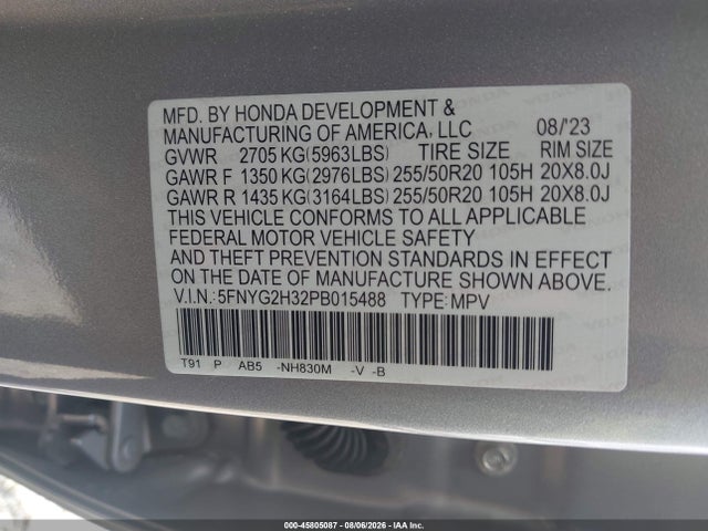 45805087 :رقم المزاد ، 5FNYG2H32PB015488 vin ، 2023 Honda Pilot 2wd Sport مزاد بيع