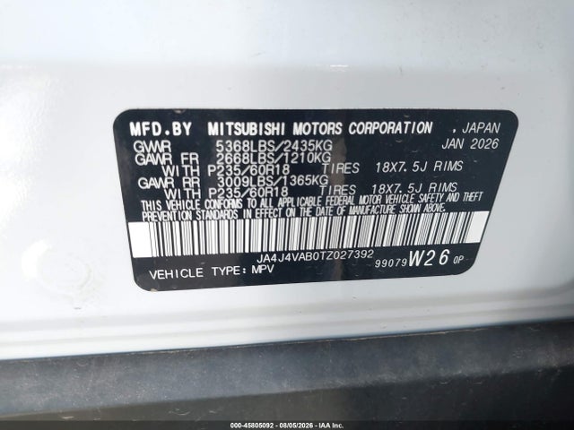 2026 Mitsubishi Outlander Le 2.5 S-awc/ralliart 2.5 S-awc/se 2.5 S-awc/trail Edition 2.5 S-awc მანქანა იყიდება აუქციონზე, vin: JA4J4VAB0TZ027392, აუქციონის ნომერი: 45805092