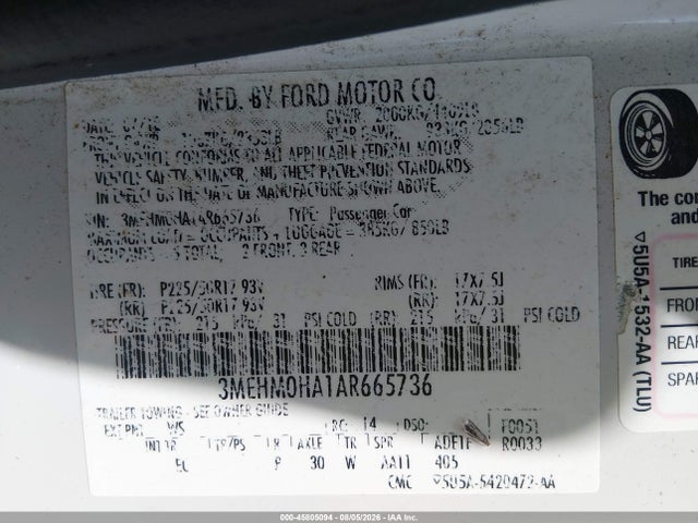 2010 Mercury Milan მანქანა იყიდება აუქციონზე, vin: 3MEHM0HA1AR665736, აუქციონის ნომერი: 45805094