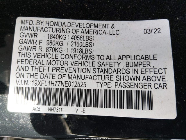 2022 Honda Civic Ex-l მანქანა იყიდება აუქციონზე, vin: 19XFL1H77NE012525, აუქციონის ნომერი: 45805096