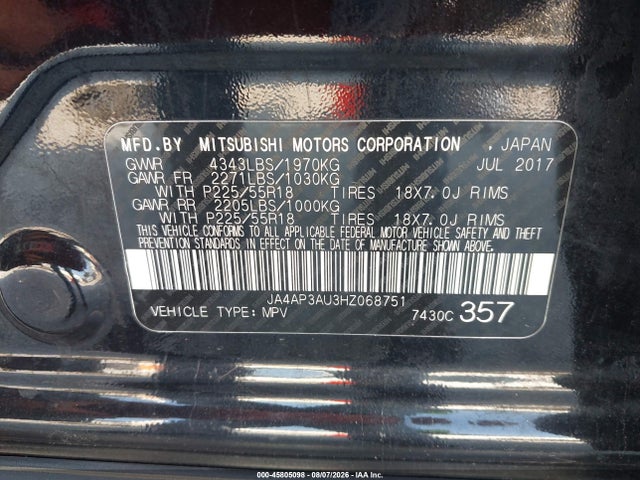 2017 Mitsubishi Outlander Sport 2.0 Le მანქანა იყიდება აუქციონზე, vin: JA4AP3AU3HZ068751, აუქციონის ნომერი: 45805098