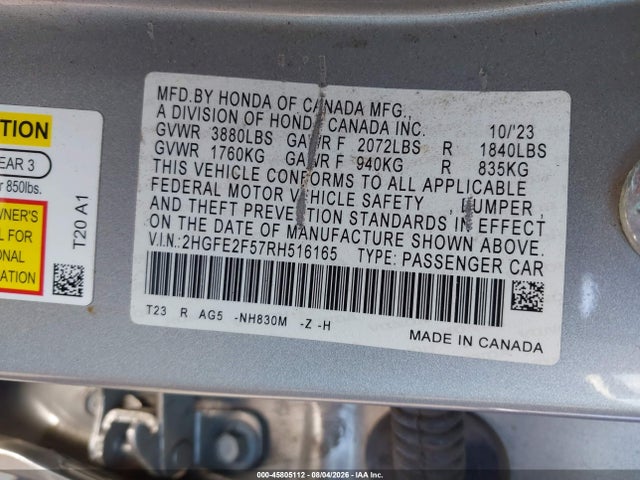 2024 Honda Civic Sport მანქანა იყიდება აუქციონზე, vin: 2HGFE2F57RH516165, აუქციონის ნომერი: 45805112