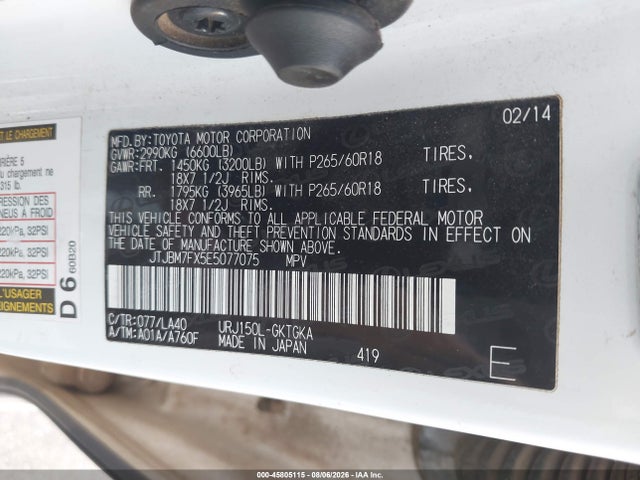 45805115 :رقم المزاد ، JTJBM7FX5E5077075 vin ، 2014 Lexus Gx 460 مزاد بيع