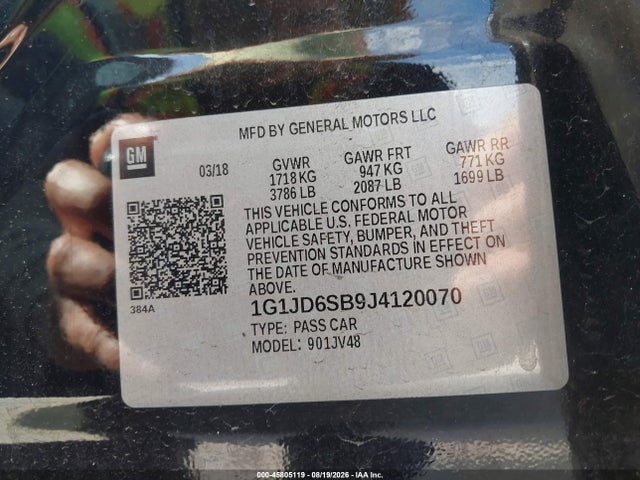 2018 Chevrolet Sonic Lt Auto მანქანა იყიდება აუქციონზე, vin: 1G1JD6SB9J4120070, აუქციონის ნომერი: 45805119