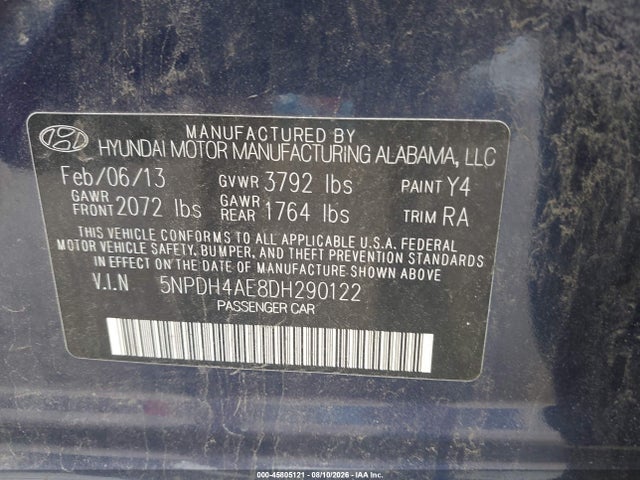 Aukcja sprzedaży 2013 Hyundai Elantra Gls, vin: 5NPDH4AE8DH290122, numer aukcji: 45805121