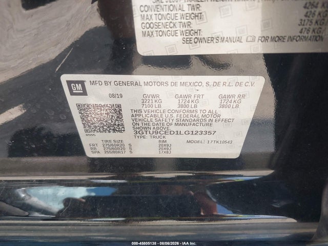 2020 Gmc Sierra 1500 4wd  Short Box Elevation მანქანა იყიდება აუქციონზე, vin: 3GTU9CED1LG123357, აუქციონის ნომერი: 45805138