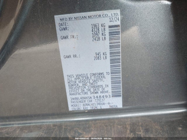 2025 Nissan Altima Sv Fwd მანქანა იყიდება აუქციონზე, vin: 1N4BL4DVXSN348493, აუქციონის ნომერი: 45805142