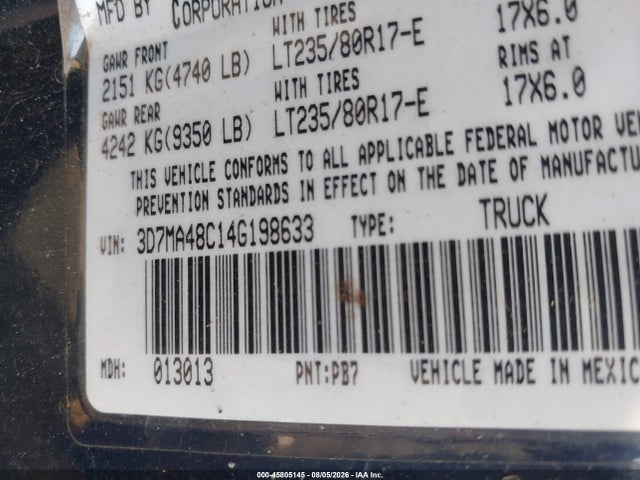 45805145 :رقم المزاد ، 3D7MA48C14G198633 vin ، 2004 Dodge Ram 3500 Slt/laramie مزاد بيع
