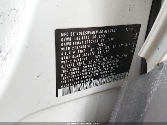 Aukcja sprzedaży 2015 Volkswagen Tiguan S, vin: WVGBV7AX9FW560258, numer aukcji: 45805151