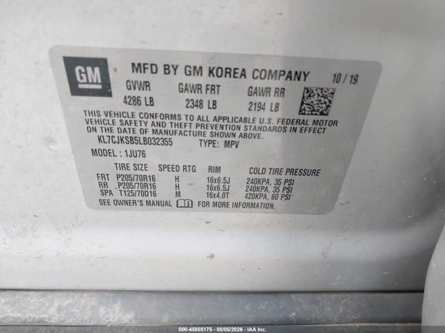 Продажа на аукционе авто 2020 Chevrolet Trax Fwd Ls, vin: KL7CJKSB5LB032355, номер лота: 45805175