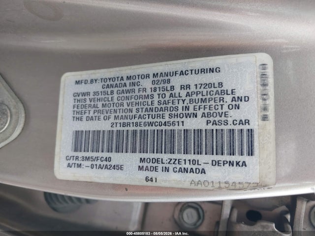 Продаж на аукціоні авто 1998 Toyota Corolla Le, vin: 2T1BR18E6WC045611, номер лоту: 45805183