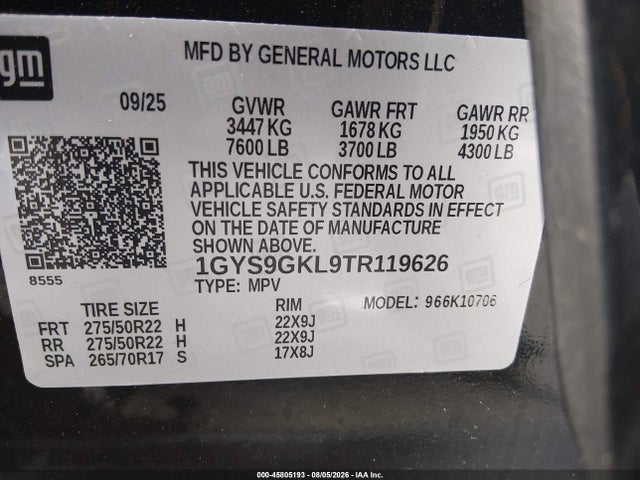 45805193 :رقم المزاد ، 1GYS9GKL9TR119626 vin ، 2026 Cadillac Escalade Platinum Sport مزاد بيع