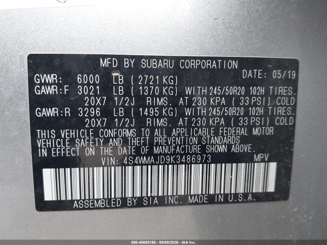 2019 Subaru Ascent Limited მანქანა იყიდება აუქციონზე, vin: 4S4WMAJD9K3486973, აუქციონის ნომერი: 45805198