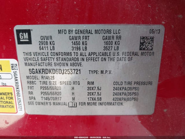 45805205 :رقم المزاد ، 5GAKRDKD6DJ253721 vin ، 2013 Buick Enclave Premium مزاد بيع