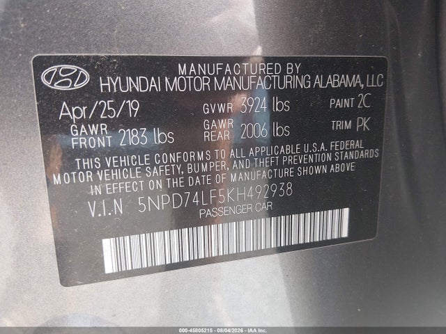 5NPD74LF5KH492938 Hyundai ELANTRA SE