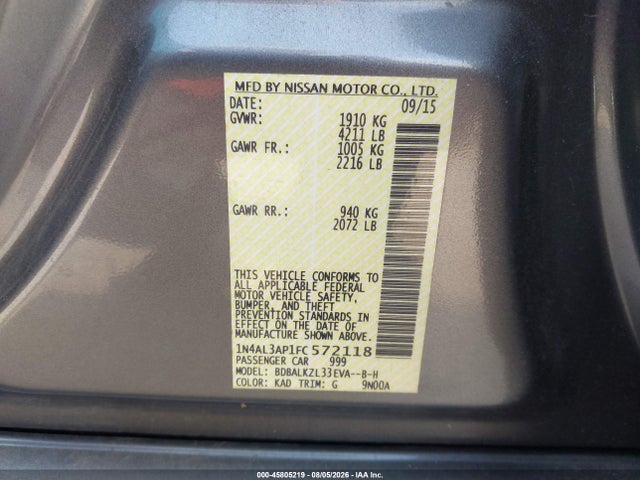 2015 Nissan Altima 2.5 Sv მანქანა იყიდება აუქციონზე, vin: 1N4AL3AP1FC572118, აუქციონის ნომერი: 45805219