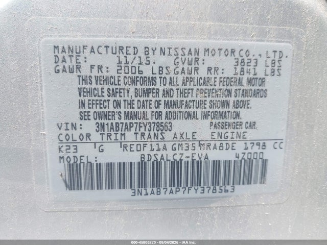 Aukcja sprzedaży 2015 Nissan Sentra S, vin: 3N1AB7AP7FY378563, numer aukcji: 45805220