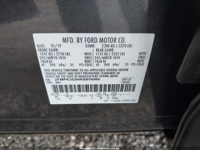 2019 Ford Edge Se მანქანა იყიდება აუქციონზე, vin: 2FMPK3G90KBB56986, აუქციონის ნომერი: 45805231