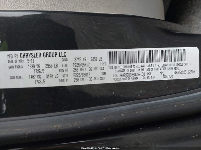 45805233 :رقم المزاد ، 2A4RR8DG0BR760158 vin ، 2011 Chrysler Town & Country Touring-l مزاد بيع