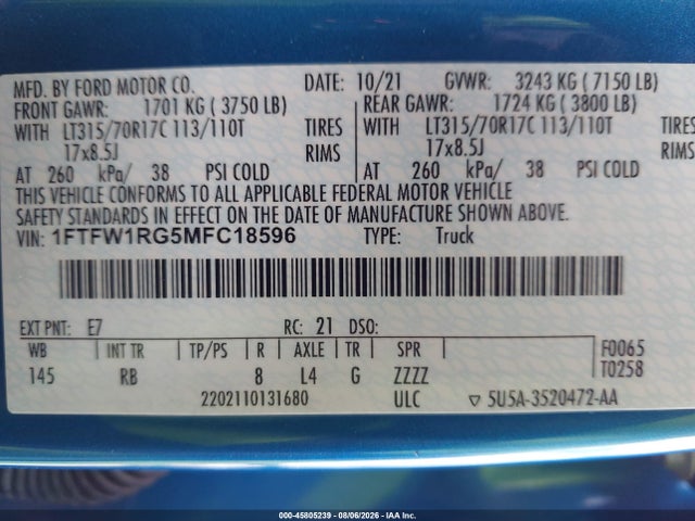 Продажа на аукционе авто 2021 Ford F-150 Raptor, vin: 1FTFW1RG5MFC18596, номер лота: 45805239