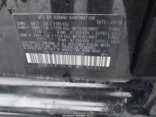 45805241 :رقم المزاد ، 4S4GUHU66S3731139 vin ، 2025 Subaru Crosstrek Wilderness مزاد بيع