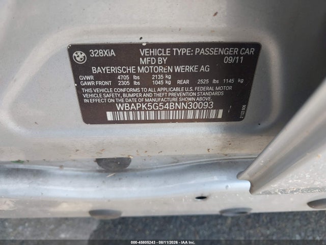 45805243 :رقم المزاد ، WBAPK5G54BNN30093 vin ، 2011 Bmw 328i Xdrive مزاد بيع