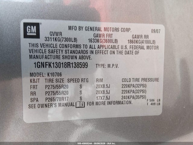 Aukcja sprzedaży 2008 Chevrolet Tahoe Lt, vin: 1GNFK13018R138599, numer aukcji: 45805244