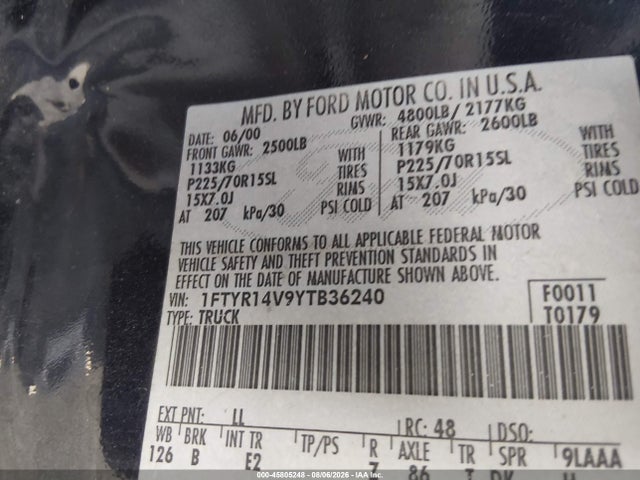 Продажа на аукционе авто 2000 Ford Ranger Xl/xlt, vin: 1FTYR14V9YTB36240, номер лота: 45805248