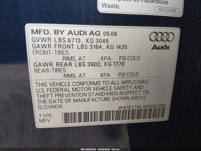 45805249 :رقم المزاد ، WA1EY74L49D001289 vin ، 2009 Audi Q7 3.6 Premium مزاد بيع