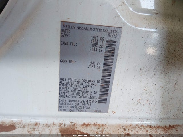 45805265 :رقم المزاد ، 1N4BL4DV8SN364062 vin ، 2025 Nissan Altima Sv Fwd مزاد بيع