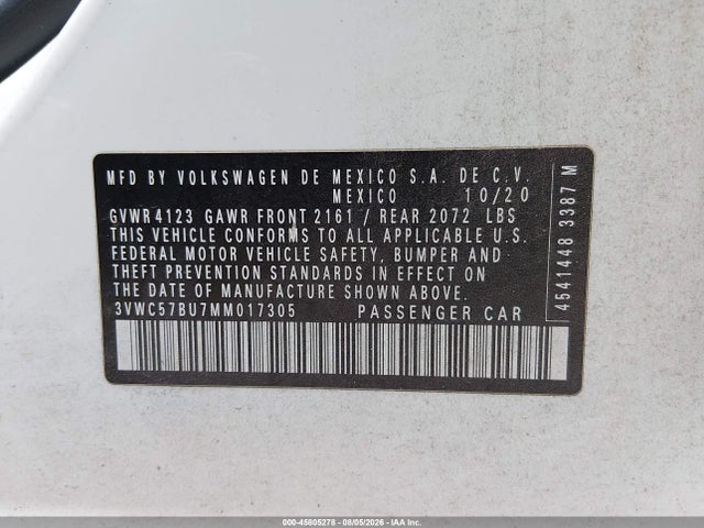 45805278 :رقم المزاد ، 3VWC57BU7MM017305 vin ، 2021 Volkswagen Jetta 1.4t R-line/1.4t Se/s مزاد بيع