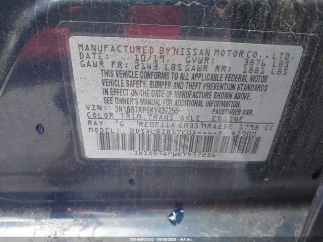 Продаж на аукціоні авто 2019 Nissan Sentra S, vin: 3N1AB7AP6KY437256, номер лоту: 45805302