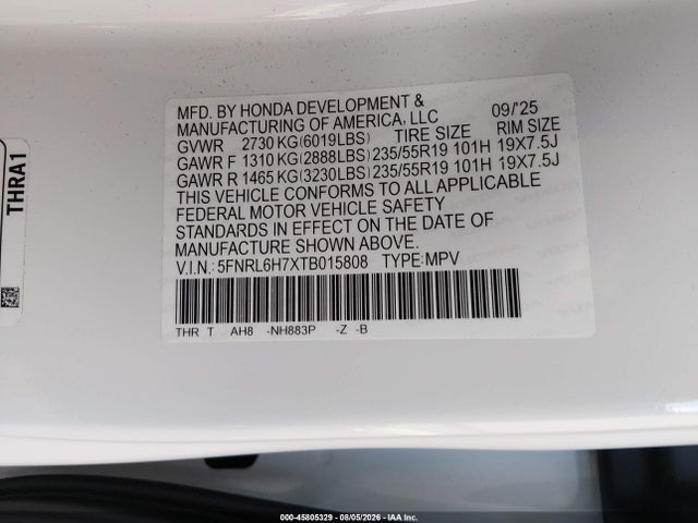 Aukcja sprzedaży 2026 Honda Odyssey Sport-l, vin: 5FNRL6H7XTB015808, numer aukcji: 45805329