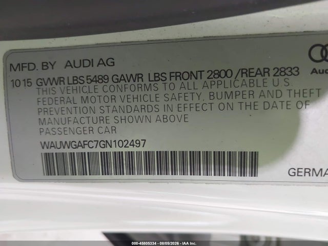 45805334 :رقم المزاد ، WAUWGAFC7GN102497 vin ، 2016 Audi A7 3.0 Premium Plus مزاد بيع