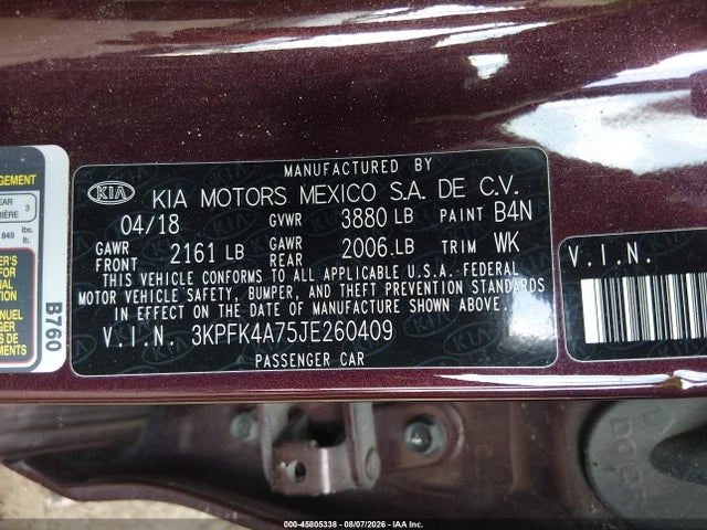 2018 Kia Forte Lx მანქანა იყიდება აუქციონზე, vin: 3KPFK4A75JE260409, აუქციონის ნომერი: 45805338