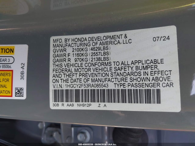 Продаж на аукціоні авто 2024 Honda Accord Hybrid Sport, vin: 1HGCY2F53RA085543, номер лоту: 45805339