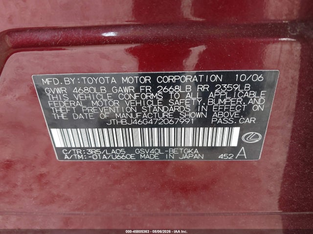 Продаж на аукціоні авто 2007 Lexus Es 350, vin: JTHBJ46G472067991, номер лоту: 45805363