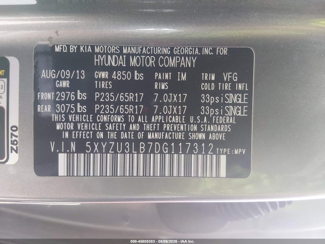 45805383 :رقم المزاد ، 5XYZU3LB7DG117312 vin ، 2013 Hyundai Santa Fe Sport مزاد بيع