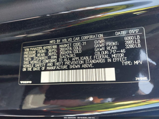 45805395 :رقم المزاد ، YV4A22PL4H1165188 vin ، 2017 Volvo Xc90 T6 Inscription مزاد بيع