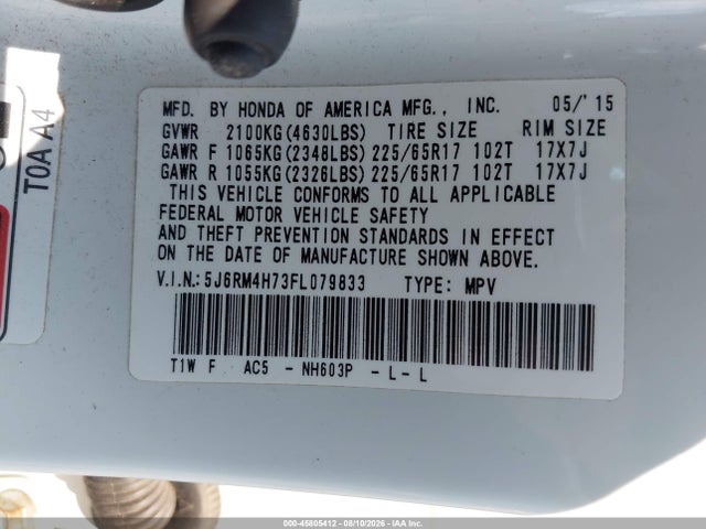 Продаж на аукціоні авто 2015 Honda Cr-v Ex-l, vin: 5J6RM4H73FL079833, номер лоту: 45805412
