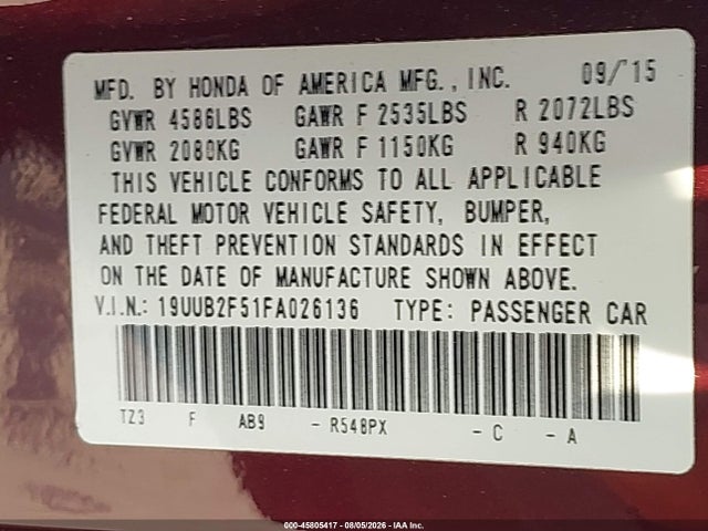 2015 Acura Tlx V6 Tech მანქანა იყიდება აუქციონზე, vin: 19UUB2F51FA026136, აუქციონის ნომერი: 45805417