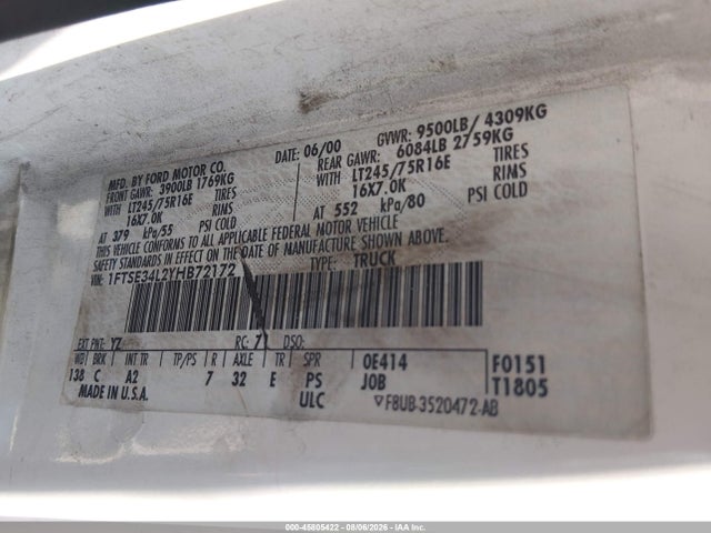 Продаж на аукціоні авто 2000 Ford E-350 Super Duty Commercial/recreational, vin: 1FTSE34L2YHB72172, номер лоту: 45805422