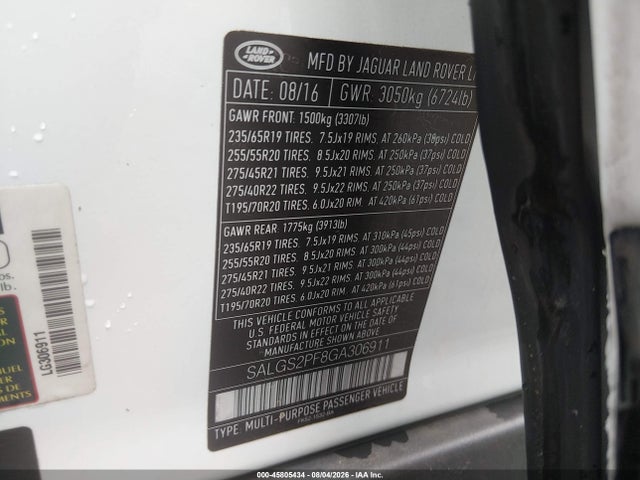 Продаж на аукціоні авто 2016 Land Rover Range Rover 3.0l V6 Supercharged Hse, vin: SALGS2PF8GA306911, номер лоту: 45805434