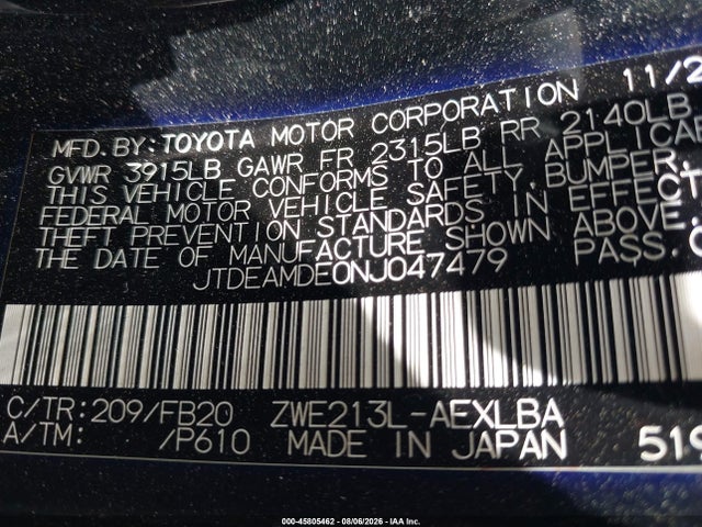 Продажа на аукционе авто 2022 Toyota Corolla Hybrid Le, vin: JTDEAMDE0NJ047479, номер лота: 45805462