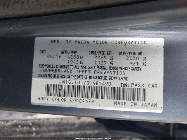 2016 Mazda Mazda6 I Sport მანქანა იყიდება აუქციონზე, vin: JM1GJ1U57G1481490, აუქციონის ნომერი: 45805478