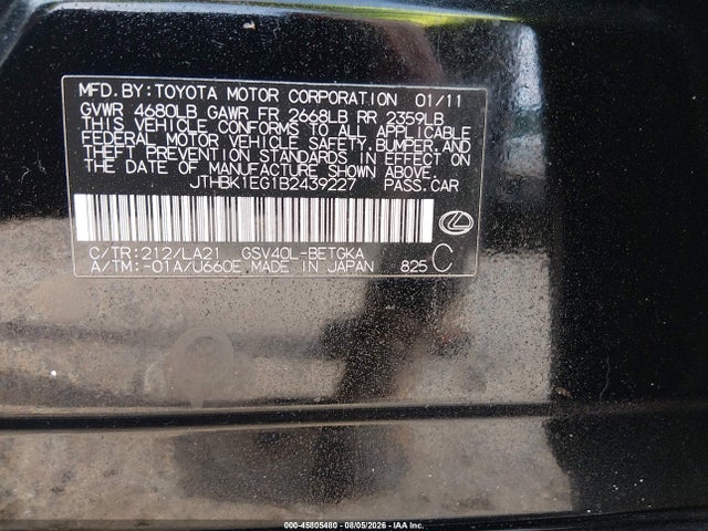 45805480 :رقم المزاد ، JTHBK1EG1B2439227 vin ، 2011 Lexus Es 350 مزاد بيع