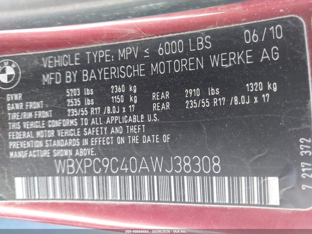 45805484 :رقم المزاد ، WBXPC9C40AWJ38308 vin ، 2010 Bmw X3 Xdrive30i مزاد بيع