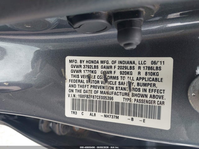 2012 Honda Civic Ex მანქანა იყიდება აუქციონზე, vin: 19XFB2F87CE005396, აუქციონის ნომერი: 45805498