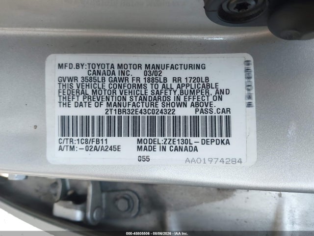Aukcja sprzedaży 2003 Toyota Corolla Ce, vin: 2T1BR32E43C024322, numer aukcji: 45805506